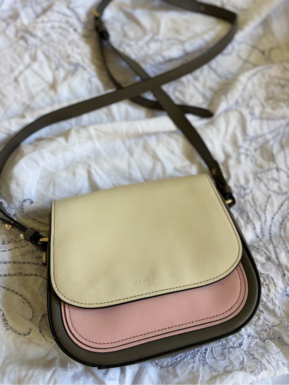 Marc Jacobs Colorblock Pebbled Leather Flap Crossbody Bag Pink Olive Cream